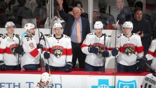 CHICAGO, IL – JANUARY 21: Florida Panthers head coach Joel Quenneville is recognized in the first period of the game between the Chicago Blackhawks and the Florida Panthers at the United Center on January 21, 2020 in Chicago, Illinois. (Photo by Chase Agnello-Dean/NHLI via Getty Images)