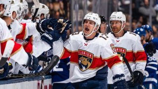 TORONTO, ON – FEBRUARY 3: Mark Pysyk #13 of the Florida Panthers celebrates his second goal of the night against the Toronto Maple Leafs during the third period at the Scotiabank Arena on February 3, 2020 in Toronto, Ontario, Canada. (Photo by Mark Blinch/NHLI via Getty Images)