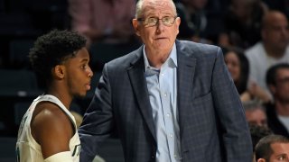 CORAL GABLES, FL – FEBRUARY 15: Miami Head Coach Jim Larranaga speaks with guard Chris Lykes (0) in the second half as the University of Miami Hurricanes faced the Wake Forest University Demon Deacons on February 15, 2020, at the Watsco Center in Coral Gables, Florida. (Photo by Samuel Lewis/Icon Sportswire via Getty Images)