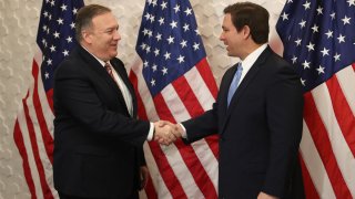 United States Secretary of State Mike Pompeo shakes hands with Florida Governor Ron DeSantis before taking part in a roundtable discussion at the Four Points by Sheraton Miami Airport on January 23, 2020 in Miami, Florida. The roundtable discussion was focused on the topic of Venezuela.
