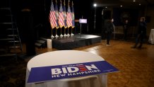 NASHUA, NEW HAMPSHIRE - FEBRUARY 11: Workers set up the stage at Democratic presidential candidate former Vice President Joe Biden's primary night event at the Radisson Hotel on February 11, 2020 in Nashua, New Hampshire. Joe Biden's campaign announced earlier in the day that he would skip his New Hampshire primary night event and instead travel to South Carolina to begin campaigning in the state ahead of their primary on February 29th. (Photo by Justin Sullivan/Getty Images)