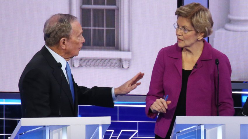 Democratic presidential candidates former New York City Mayor Mike Bloomberg and Sen. Elizabeth Warren (D-MA) speak during the Democratic presidential primary debate at Paris Las Vegas on February 19, 2020 in Las Vegas, Nevada.