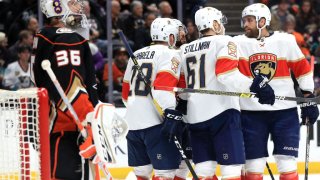 ANAHEIM, CALIFORNIA – FEBRUARY 19: Riley Stillman #61 and Aleksi Saarela #28 congratulate Vincent Trocheck #21 of the Florida Panthers after his goal during the second period of a game against the Anaheim Ducks at Honda Center on February 19, 2020 in Anaheim, California. (Photo by Sean M. Haffey/Getty Images)