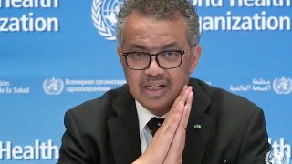 A tv grab taken from the World Health Organization website shows WHO Chief Tedros Adhanom Ghebreyesus delivering a virtual news briefing on COVID-19 (novel coronavirus) at the WHO headquarters in Geneva on March 23, 2020.