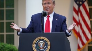 U.S. President Donald Trump speaks at the daily briefing on the novel coronavirus in the Rose Garden of the White House on April 14, 2020, in Washington, DC.