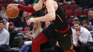 Cedi Osman of the Cleveland Cavaliers in a game against the Chicago Bulls at the United Center on March 10, 2020, in Chicago.