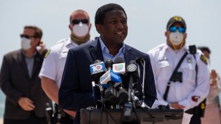 Broward County Mayor Dale Holness speaks during a press conference at Las Olas Beach in Fort Lauderdale, Florida on Tuesday, May 26, 2020. Broward County officials opened beaches, commercial gyms and hotels Tuesday, they had previously been closed for more than two months due to the coronavirus outbreak. (Matias J. Ocner/Miami Herald/Tribune News Service via Getty Images)