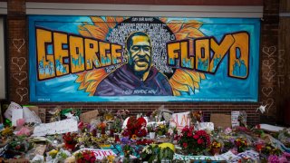 In this May 31, 2020, file photo, the makeshift memorial and mural outside Cup Foods where George Floyd was murdered by a Minneapolis police officer in Minneapolis, Minnesota.