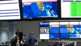 MIAMI, FL – JUNE 08: Carlos A. Gimenez, Mayor of Miami-Dade County (left) and Chad F. Wolf, Acting Secretary of Homeland Security (right), take a tour at Miami-Dade Emergency Operations Center following a press conference relating hurricane season updates  on June 8, 2020 in Miami, Florida. NOAA has predicted that this year’s Atlantic hurricane season will be more active than usual with up to 19 named storms and 6 major hurricanes possible.  (Photo by Eva Marie Uzcategui/Getty Images)