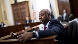 In this June 10, 2020, file photo, Sen. Tim Scott, a Republican from South Carolina, speaks during a Senate Small Business and Entrepreneurship Committee hearing in Washington, D.C.