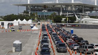 People sit in their vehicles while waiting in line to enter a Covid-19 drive-thru testing site at Hard Rock Stadium in Miami Gardens, Florida, U.S., on Tuesday, June 30, 2020. Anthony Fauci, the federal government’s top infectious disease specialist, said hes quite concerned about the spike in cases in Florida, Texas, Arizona and California. Photographer: Marco Bello/Bloomberg via Getty Images
