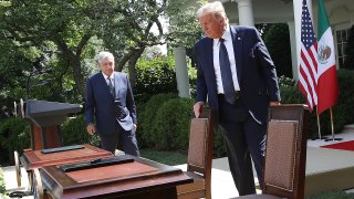 President Donald Trump and Mexican President Andrés Manuel López Obrador prepare to sign a joint trade declaration in the Rose Garden at the White House July 8, 2020 in Washington, DC. Trump and López Obrador met privately in the Oval Office earlier in the day and are scheduled to deliver a joint press statement later in the day.