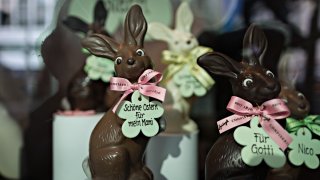 Chocolate bunny rabbits, produced by Lindt & Spruengli AG, sit on display in the window of a chocolatier on Bahnhofstrasse in Zurich, Switzerland, on Thursday, March 10, 2016. The Swiss economy returned to growth at the end of last year as it fought off the impact of a currency shock that had threatened to push the country into a recession.