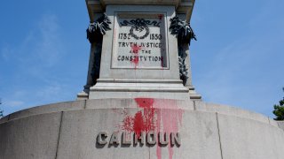 For the second time in a week, the main statue in downtown Charleston's Marion Square, of John Calhoun, a senator from South Carolina and a leading proponent of the virtues of slavery, was defaced with paint.