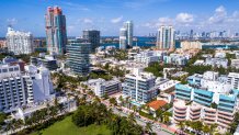 Florida, Miami Beach, aerial of Skyline and condominiums.