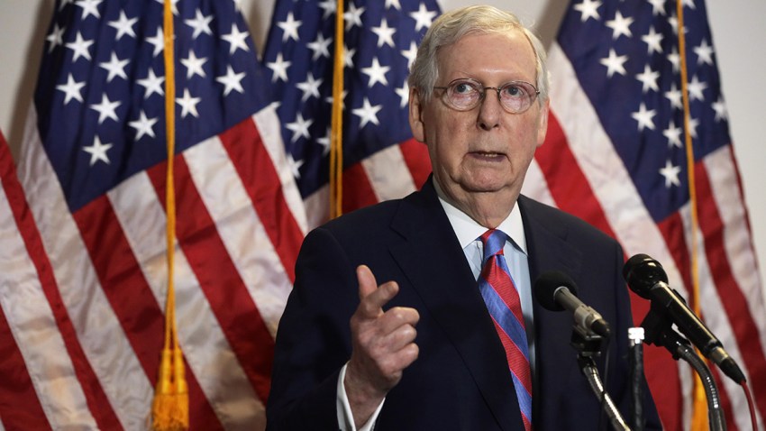 Senate Majority Leader Mitch McConnell, R-Ky., speaks to members of the press after the weekly Senate Republican Policy Luncheon at Hart Senate Office Building, May 12, 2020, on Capitol Hill in Washington.