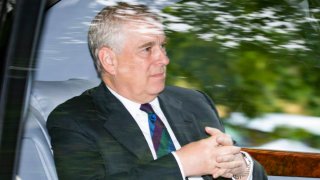 In this Aug. 11, 2019, file photo, Prince Andrew, Duke of York is driven from Crathie Kirk Church following the service in Crathie, Aberdeenshire.