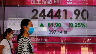In this April 20, 2020, file photo, people wearing face masks walk past a bank electronic board showing the Hong Kong share index at Hong Kong Stock Exchange.