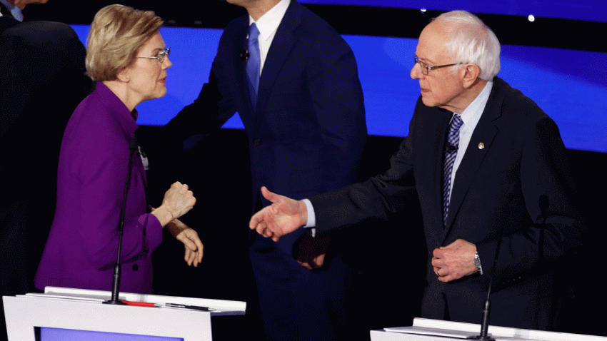 Democratic presidential candidate Sen. Elizabeth Warren, D-Mass., left and Sen. Bernie Sanders, I-Vt. greet each other Tuesday, Jan. 14, 2020, after a Democratic presidential primary debate hosted by CNN and the Des Moines Register in Des Moines, Iowa.