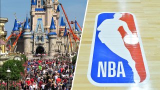 (Left) Main Street USA at the Disney World Resort. (Right) The NBA logo.