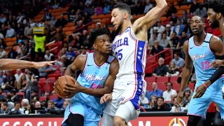 Feb 3, 2020; Miami, Florida, USA; Miami Heat forward Jimmy Butler (22) drives against Philadelphia 76ers guard Ben Simmons (25) during the first half at American Airlines Arena. Mandatory Credit: Steve Mitchell-USA TODAY Sports