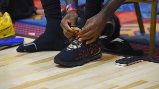 ORLANDO, FL – JULY 11: A view of the sneakers of LeBron James of the Los Angeles Lakers during practice as part of the NBA Restart 2020 on July 11, 2020 in Orlando, Florida. NOTE TO USER: User expressly acknowledges and agrees that, by downloading and/or using this photograph, user is consenting to the terms and conditions of the Getty Images License Agreement. Mandatory Copyright Notice: Copyright 2020 NBAE (Photo by Bill Baptist/NBAE via Getty Images)