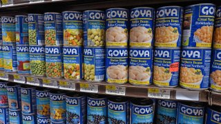 Products of Goya Foods Company seen on shelves of a supermarket