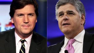 This combination photo shows, Tucker Carlson, host of "Tucker Carlson Tonight," left, and Sean Hannity, host of "Hannity" on Fox News. The Fox News and Fox Business channels are going international. A digital streaming service with the pair will launch in Mexico this month, expanding to Spain, Germany and the United Kingdom in September.