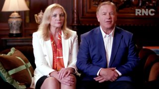 In this screenshot from the RNC’s livestream of the 2020 Republican National Convention, Patricia and Mark McCloskey, a couple from St. Louis who pointed guns at Black Lives Matter protesters, addresses the virtual convention in a pre-recorded video broadcasted on August 24, 2020.