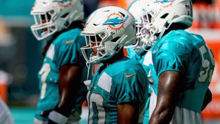 MIAMI GARDENS, FLORIDA – AUGUST 29: Nik Needham #40 of the Miami Dolphins looks on during training camp at Hard Rock Stadium on August 29, 2020 in Miami Gardens, Florida. (Photo by Mark Brown/Getty Images)
