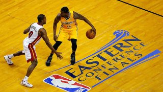 during Game Six of the Eastern Conference Finals of the 2014 NBA Playoffs at American Airlines Arena on May 30, 2014 in Miami, Florida.  NOTE TO USER: User expressly acknowledges and agrees that, by downloading and or using this photograph, User is consenting to the terms and conditions of the Getty Images License Agreement.