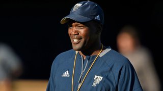 MIAMI, FL – APRIL 7: FIU Assistant Coach Aubrey Hill watches while players run through drills prior to the game as the FIU Golden Panthers held their annual spring game on April 7, 2017, at Riccardo Silva Stadium in Miami, Florida. (Photo by Samuel Lewis/Icon Sportswire via Getty Images)