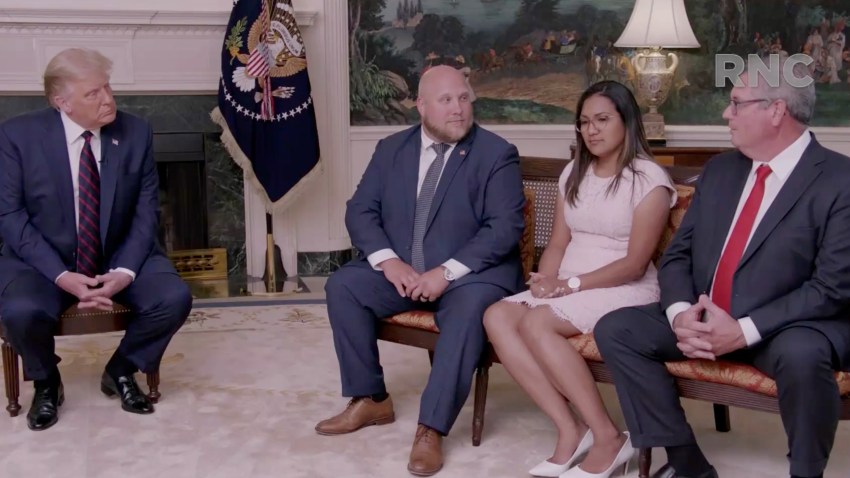 In this screenshot from the RNC’s livestream of the 2020 Republican National Convention, U.S. President Donald Trump (L) speaks with freed hostages (L-R) Joshua and Tamara Holt and Pastor Bryan Nerran in a pre-recorded video broadcasted during the virtual convention on August 24, 2020.