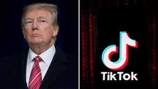 Foto de archivo del presidente Trump junto a la marca de TikTok.
