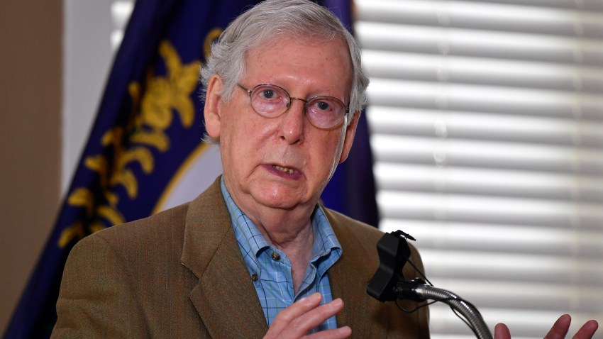 Senate Majority Leader Mitch McConnell, R-Ky., speaks to reporters following his acceptance of the endorsement of the Kentucky Fraternal Order of Police i his Senate reelection bid in Lexington, Ky., Tuesday, Sept. 1, 2020.