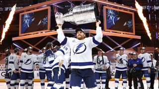 Blake Coleman #20 of the Tampa Bay Lightning hoists the Stanley Cup overhead after the Tampa Bay Lightning defeated the Dallas Stars 2-0 in Game Six of the NHL Stanley Cup Final to win the best of seven game series 4-2 at Rogers Place on Sept. 28, 2020 in Edmonton, Alberta, Canada.