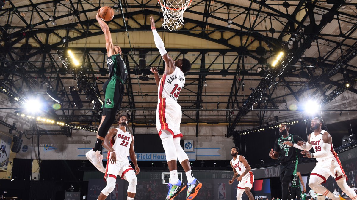 Miami Heat's Bam Ado Blocks a Dunk, and the Boston Celtics