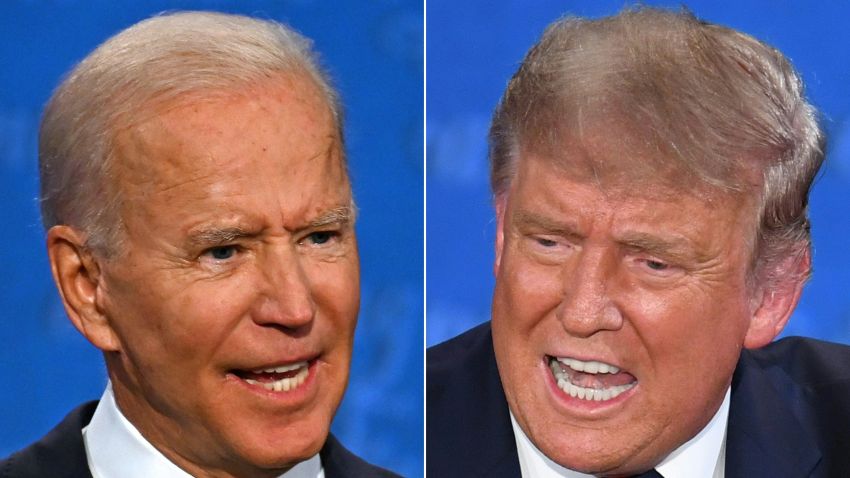 This combination of pictures created on September 29, 2020 shows Democratic Presidential candidate and former US Vice President Joe Biden (L) and US President Donald Trump speaking during the first presidential debate at the Case Western Reserve University and Cleveland Clinic in Cleveland, Ohio on September 29, 2020.