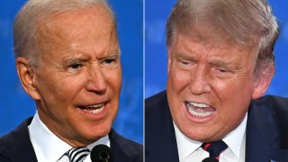 This combination of pictures created on September 29, 2020 shows Democratic Presidential candidate and former US Vice President Joe Biden (L) and US President Donald Trump speaking during the first presidential debate at the Case Western Reserve University and Cleveland Clinic in Cleveland, Ohio on September 29, 2020.
