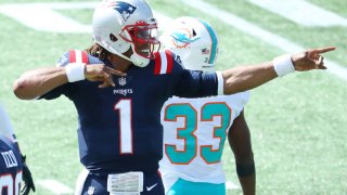 FOXBOROUGH, MASSACHUSETTS – SEPTEMBER 13: Cam Newton #1 of the New England Patriots reacts during the first half against the Miami Dolphins at Gillette Stadium on September 13, 2020 in Foxborough, Massachusetts. (Photo by Maddie Meyer/Getty Images)