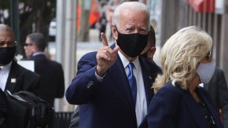Democratic presidential nominee Joe Biden arrives at an event venue with his wife Dr. Jill Biden, Sept. 2, 2020, in Wilmington, Delaware.