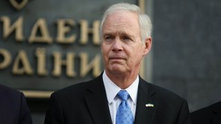 FILE - Sen. Ron Johnson (R-Wis.) partakes in a joint briefing with Sens. Christopher Murphy and John Barrasso after their meeting with Ukrainian President Volodymyr Zelensky in Kyiv, Feb. 14, 2020.