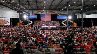 President Donald Trump speaks during a campaign event at Xtreme Manufacturing on Sept. 13, 2020, in Henderson, Nev. Trump's visit comes after Nevada Republicans blamed Democratic Nevada Gov. Steve Sisolak for blocking other events he had planned in the state.