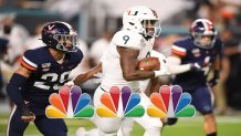 MIAMI, FLORIDA - OCTOBER 11: Brevin Jordan #9 of the Miami Hurricanes in action against the Virginia Cavaliers in the second half at Hard Rock Stadium on October 11, 2019 in Miami, Florida. (Photo by Mark Brown/Getty Images)