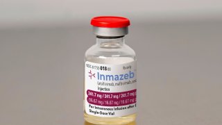 This image provided by Regeneron on Wednesday, Oct. 14, 2020, shows a vial of the company's Inmazeb medication. On Wednesday, the U.S. Food and Drug Administration said it has approved the drug for treating Ebola in both adults and children.