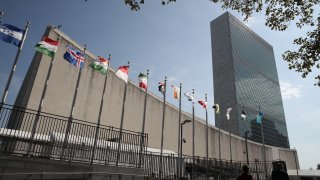 NEW YORK CITY, USA - SEPTEMBER 23, 2019: The Headquarters of the United Nations ahead of the 74th Session of the UN General Assembly.