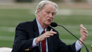 TALLAHASSEE, FL – AUGUST 11: Florida State University President John Thrasher speaks during a collegiate athletics roundtable about fall sports at the Albert J. Dunlap Athletic Training Facility on the campus of Florida State University on August 11, 2020 in Tallahassee, Florida.