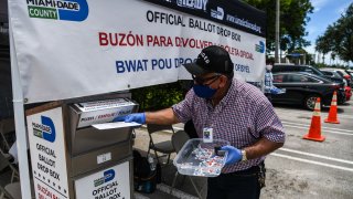 In this Aug. 18, 2020, file photo, poll workers help a voter put their mail-in ballot in an official Miami-Dade County drive-thru ballot drop box during Florida Primary Election amid the coronavirus pandemic, in Miami, Florida.