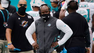 MIAMI GARDENS, FLORIDA – OCTOBER 04: Head coach Brian Flores of the Miami Dolphins reacts against the Seattle Seahawks during the second half at Hard Rock Stadium on October 04, 2020 in Miami Gardens, Florida. (Photo by Michael Reaves/Getty Images)
