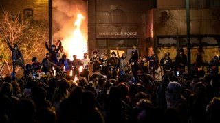 George Floyd protest, Minneapolis Police Third Precinct, May 28, 2020, by Carlos Gonzalez, Star Tribune